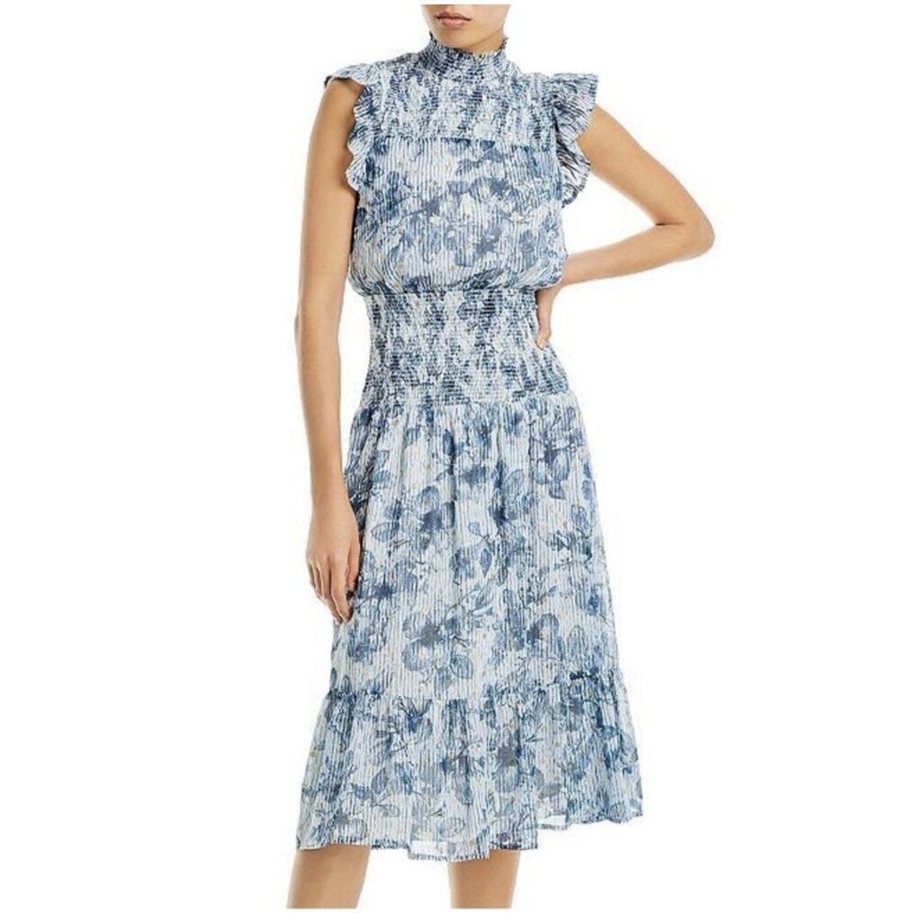 Aqua Blue Gold Smocked Floral Ruffle Dress Small